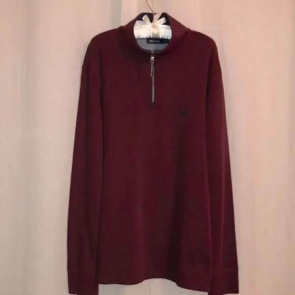 Nautica XL Burgundy with Navy Details Cotton Knit Quarter Zip Pullover